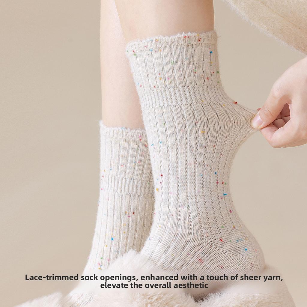 Winter and Autumn Wool Socks - Cute Lace-patterned Chiffon Mid-calf Socks, Pile Socks, Padded and Thickened Style Stockings