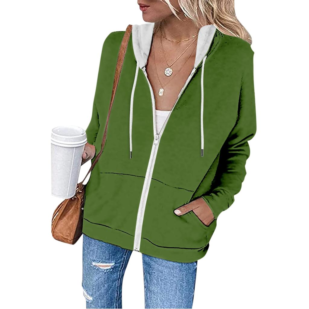 Women's Casual Fashion Solid Color Long Sleeve Pullover Hoodies Zipper Sweatshirts Coat