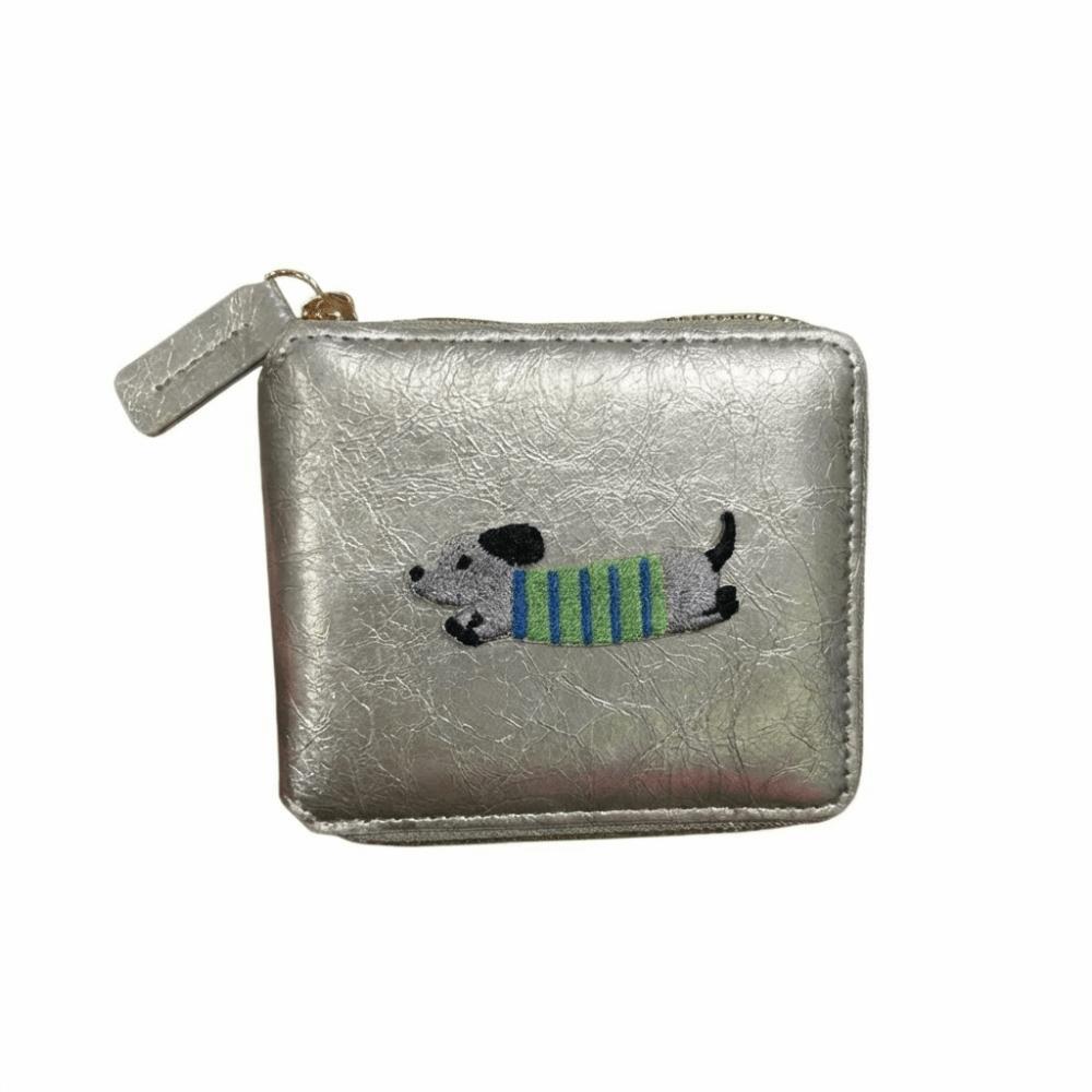 

Cartoon Embroidery Dachshund Dog Wallet PU Leather Solid Color Sausage Dog Organ Card Bag Zipper Large Capacity серебряный