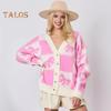 Women Autumn Winter Sweater V-Neck Long Sleeve Single Breasted Knitting Sweater Bowknot Plaid Print Sweater Coat