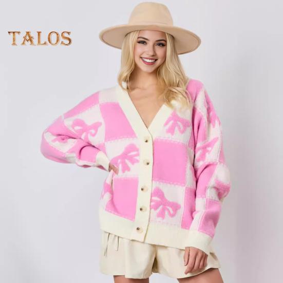 Women Autumn Winter Sweater V-Neck Long Sleeve Single Breasted Knitting Sweater Bowknot Plaid Print Sweater Coat
