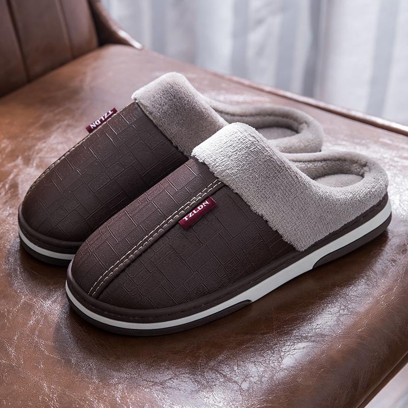 Leather slippers men's winter indoor home non-slip new couple home waterproof cotton slippers women's autumn and winter