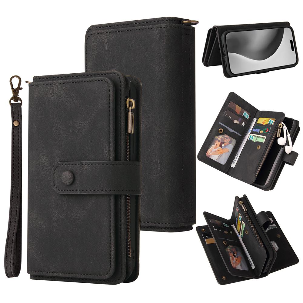 For iPhone 16 Pro Max Zipper Wallet Case with 15 Card Slots and Strap Leather Phone Cover