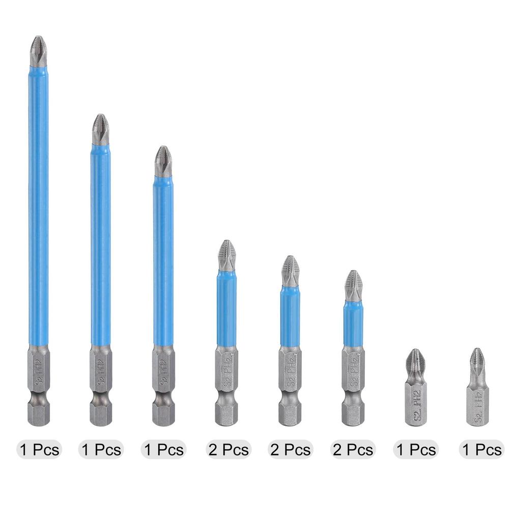 uxcell Screwdriver Bit S2 Hex Magnetic Power Drill Bits 12-Piece Set, PH2, Steel, 25-150mm Long, 1/4" Shank, Crosshead,