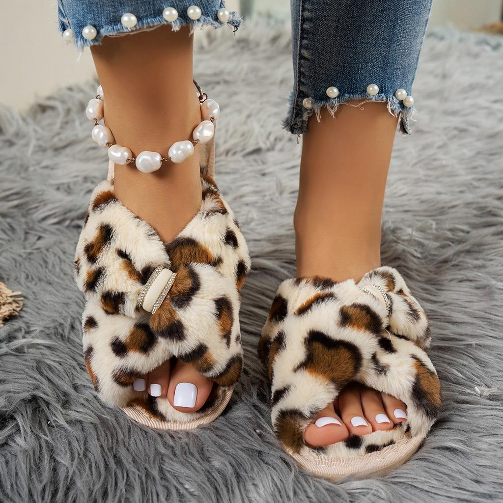 Autumn Winter Leopard Print Slippers Women's Fashion Plush Fur Slides Home Flip Flops Indoor Warm EVA Anti Slip Living Room Shoe