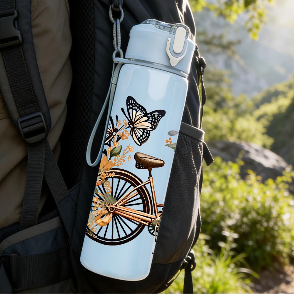 1PC Retro Bicycle Floral Basket 750ml Color Plastic Sports Water Bottle Leakproof Flip Straw Lid Suitable for Sports Office Home Use