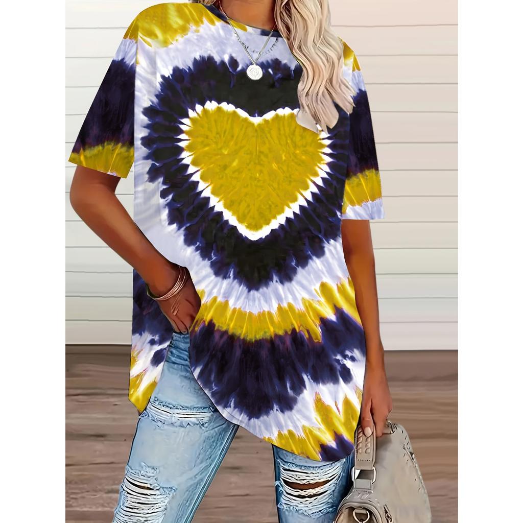 New Plus Size Women's Tie-dye Love Heart Print T-shirt, Casual Short Sleeve Top for Spring Summer