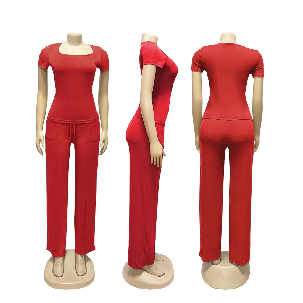 TW730 Summer Fashion Solid Color Square Neck Top & High Waist Wide Leg Pants Set