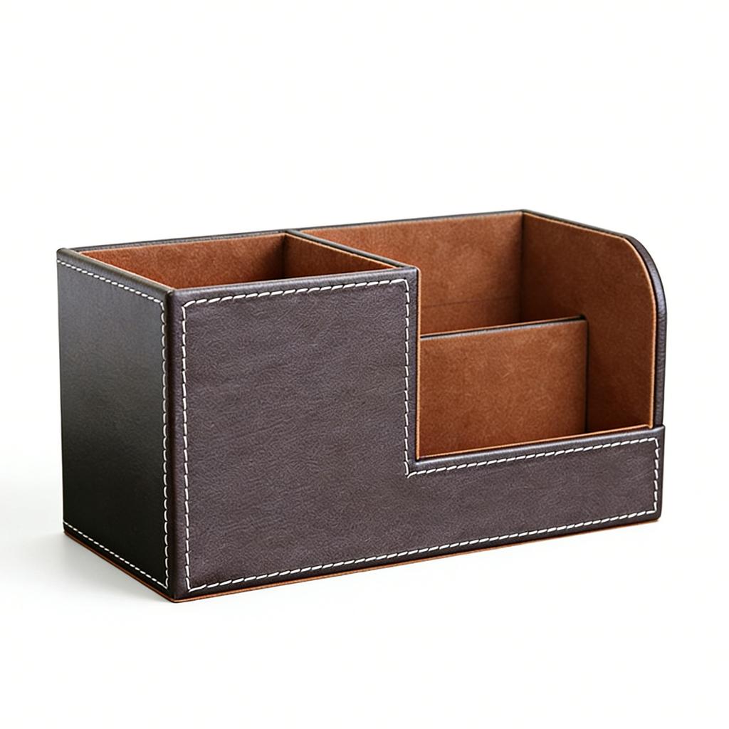 Desk Organizer Pen Holder PU Leather Multifunctional Tabletop Storage Box 3 Compartments for Office Home School Coffee
