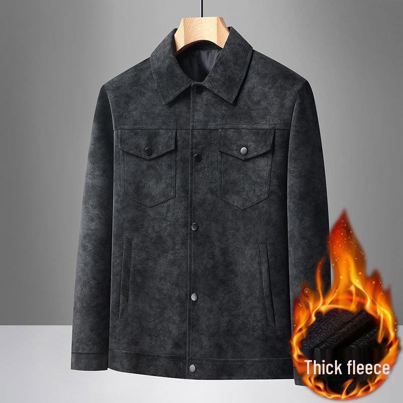 2025 Autumn/Winter Plus Size Men's Suede Leather Warm Jacket with Lapel