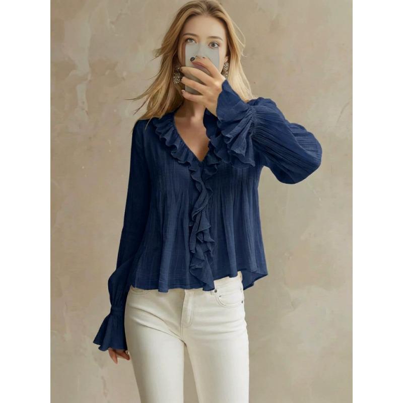 Blusa da Donna Dolce con Volant, Scollo a V, Manica Lunga, Casual, Estiva, Autunnale, Versatile