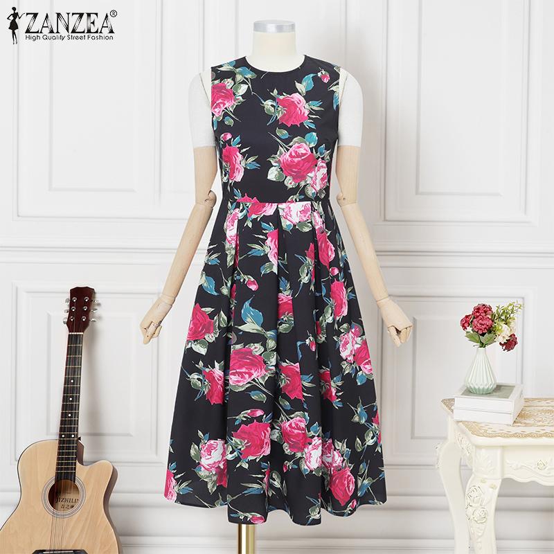 ZANZEA Women Summer Round Neck Casual Floral Print Sleeveless Dress