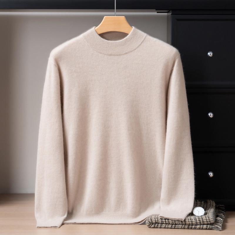 Men's 12-Gauge Double-Layer Cashmere Mock Neck Sweater, Long-Sleeved, Versatile Business Casual, Warm Knitted Base Layer
