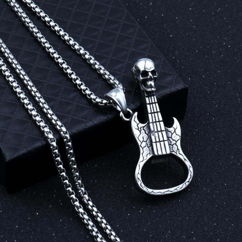 Collier pendentif guitare squelette rétro style hip hop couleur cuivre vintage décapsuleur colliers chaîne en acier inoxydable pour hommes