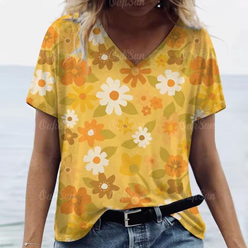 New Floral Print T-shirt for Women Summer V-Neck Casual Short Sleeve Tees Female Loose Streetwear Fashion Daily Clothing Tops Oversized Ladies Tops