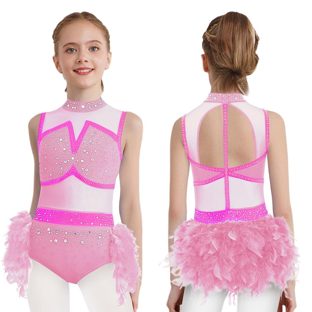 Girls Jazz Latin Dance Costume Shiny Rhinestones Color Block Leotard with Feather Skirt Sleeveless Cutout Back