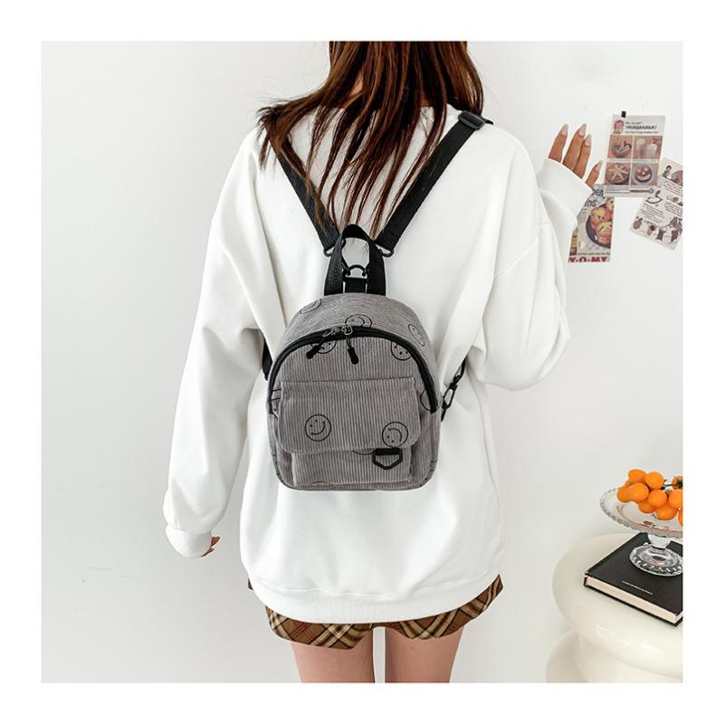 Smiley Face Cotton Backpack for Women, Soft Wavy Quilted Shoulder Bag with Handle, Street Style Casual Daypack
