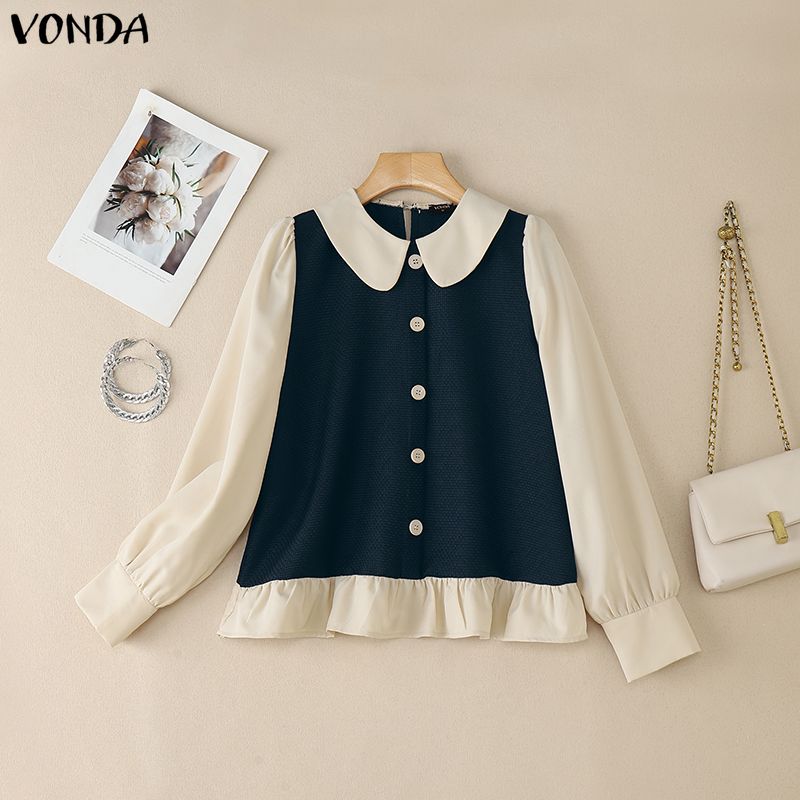 

VONDA Women Lapel Neck Long Sleeve Texture Patchwork Casual Blouse S