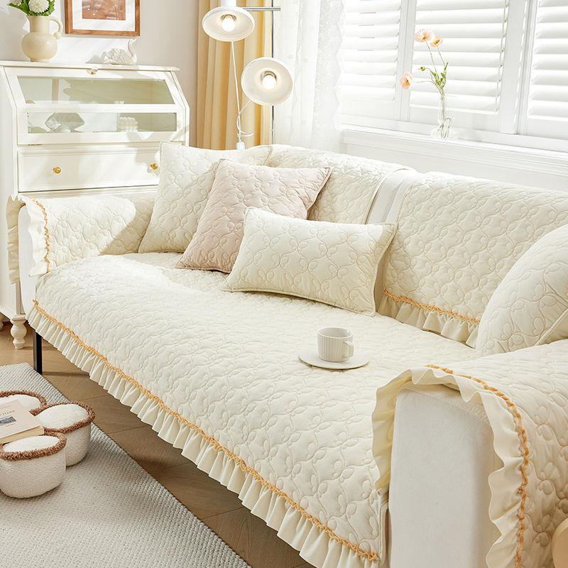 French Pleated Edge Short Plush Sofa Cushion Seasonal Universal Plush Solid Color Sofa Cover Winter Anti Slip Wear-resistant L-shaped Sofa Towel