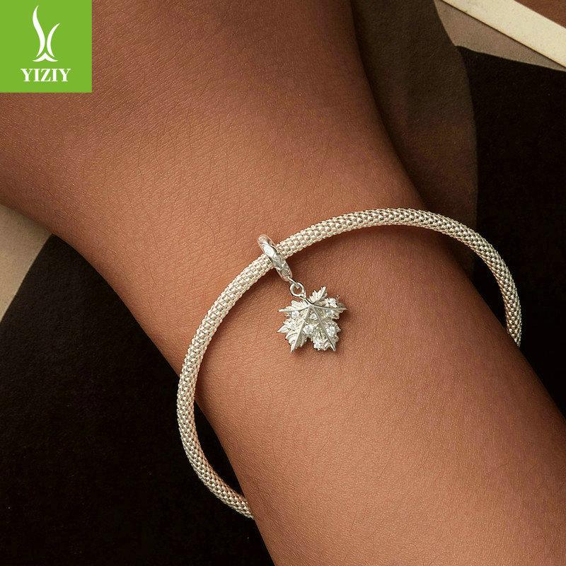 Chaîne Pendentif Feuille d'Érable Brillante DIY, Bracelet Romantique Feuille d'Automne Argent S925 Perlé