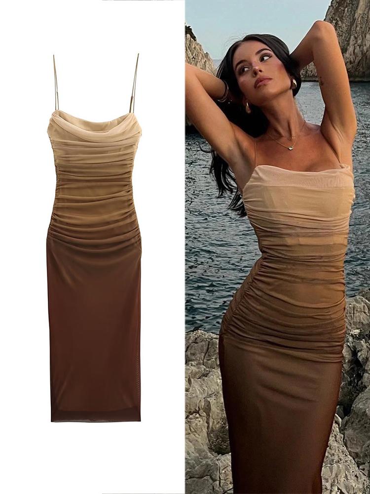 Women's Gradient Printed Tulle Halter Midi Dress Fashion Sexy Backless Spaghetti Strap Dress Summer Party Slim Dresses