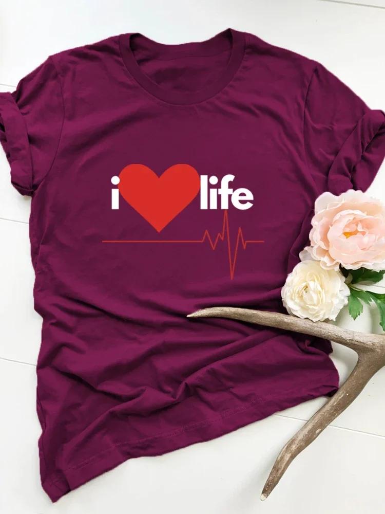 I Love Life Heart Print Women T Shirt Short Sleeve O Neck Loose Women Tshirt Ladies Tee Shirt Tops Clothes Camisetas Mujer