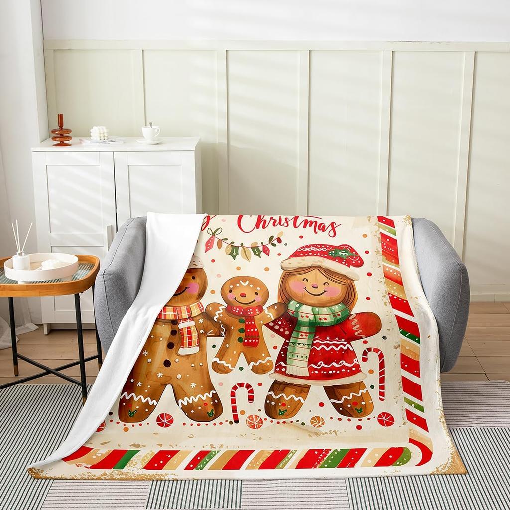 Gingerbread Xmas Flannel Blanket Blue Christmas Tree Candy Throw Blanket Western New Year Theme Cozy Throws for Bed Couch Sofa