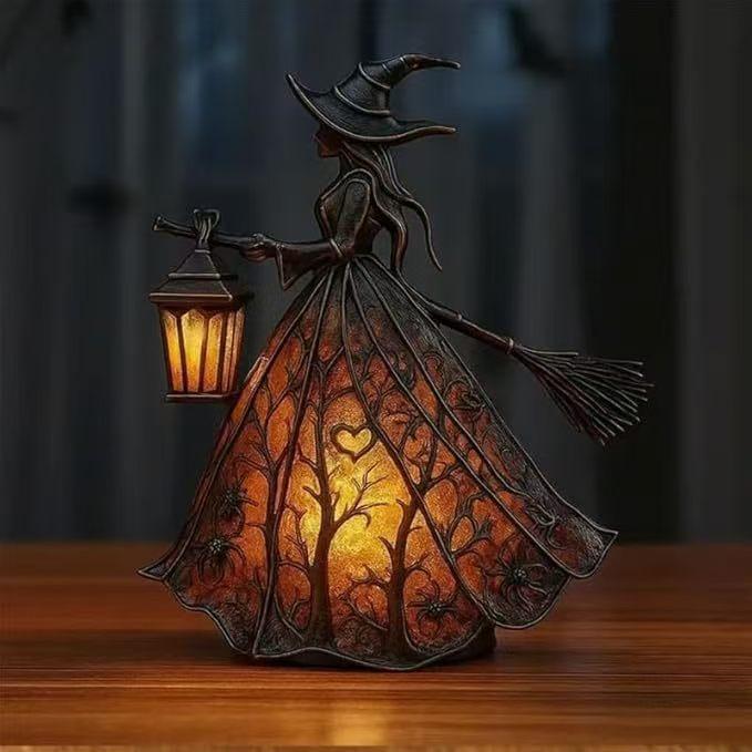 Halloween Witch Decor Table Lamp, Vintage Resin Witch Figurine Lights