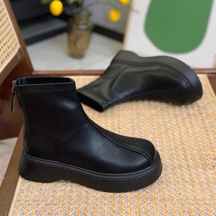 Fried Street Martin Boots Women's Small Short Boots Autumn and Winter Skinny Boots Thick-soled Heightening Chelsea Boots Elastic Boots