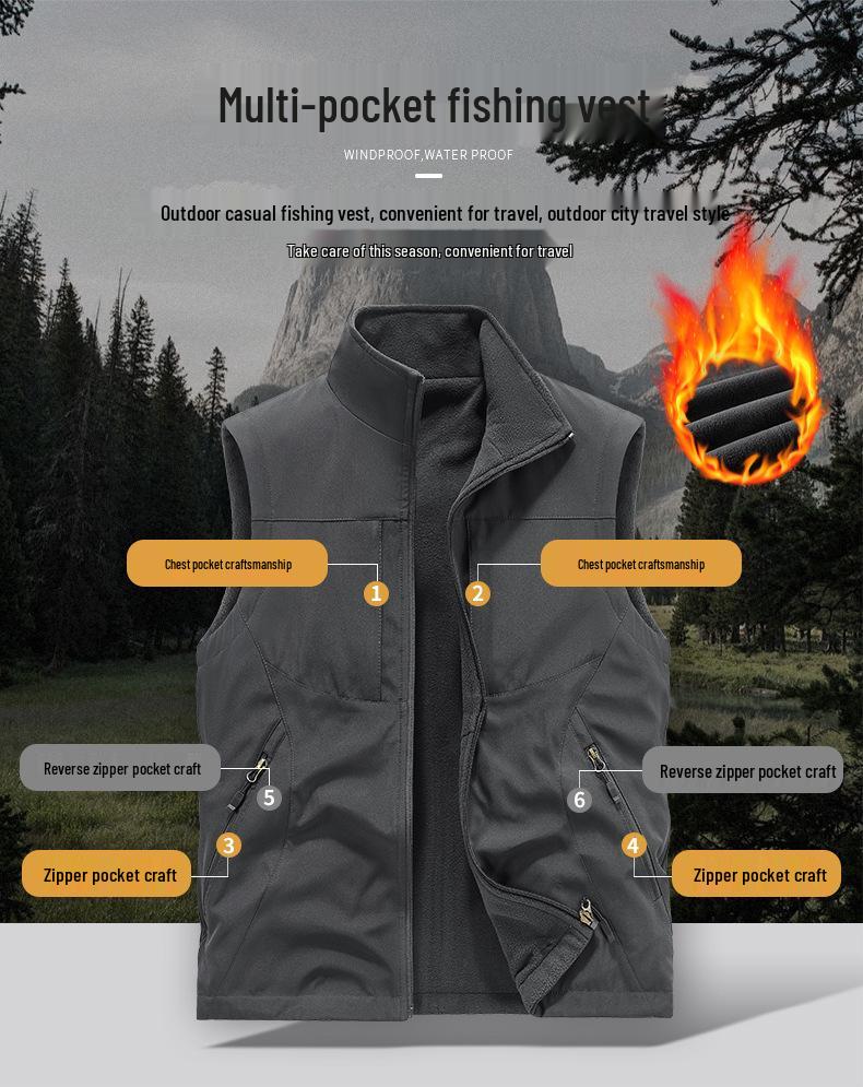 Gilet de pêche imperméable et coupe-vent double face pour homme avec doublure en velours