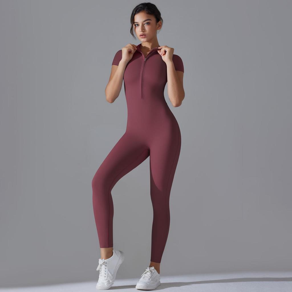 Solid Color Zipper High-Stretch Bodysuit with Short Sleeves and Full-Length Nine-Point Pants for Fitness and Yoga.