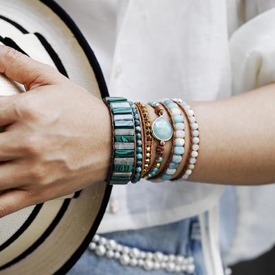 Ethnic Style Natural Stone Imperial Stone Handmade Beaded Bracelet, European and American Retro Genuine Leather Rope Wrapped Woven Bangle Jewelry