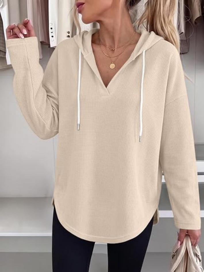 Women's Waffle Knit Long Sleeve V-Neck Solid Hooded Sweatshirt - Autumn/Winter 2026 Collection