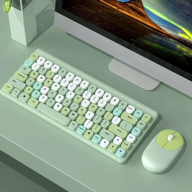 

Portable Wireless Keyboard and Mouse Set Circular Keycaps Compact Computer Peripherals Office Games RGB Lighting Effects зелений