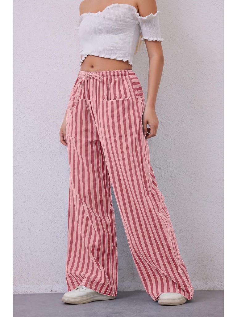 2024 Women's European & American Casual Striped Low Waist Wide Leg Drawstring Multi-Pocket Pants