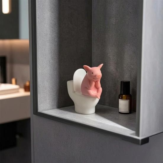 Miniature Pink Pig Toilet Toilet Thinking Pig Figurine Sitting on Statue Cartoon Farm