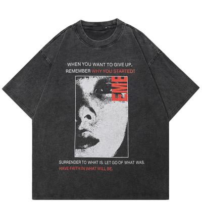 T-shirt graphique streetwear demi-visage en coton délavé noir, unisexe, été, manches courtes
