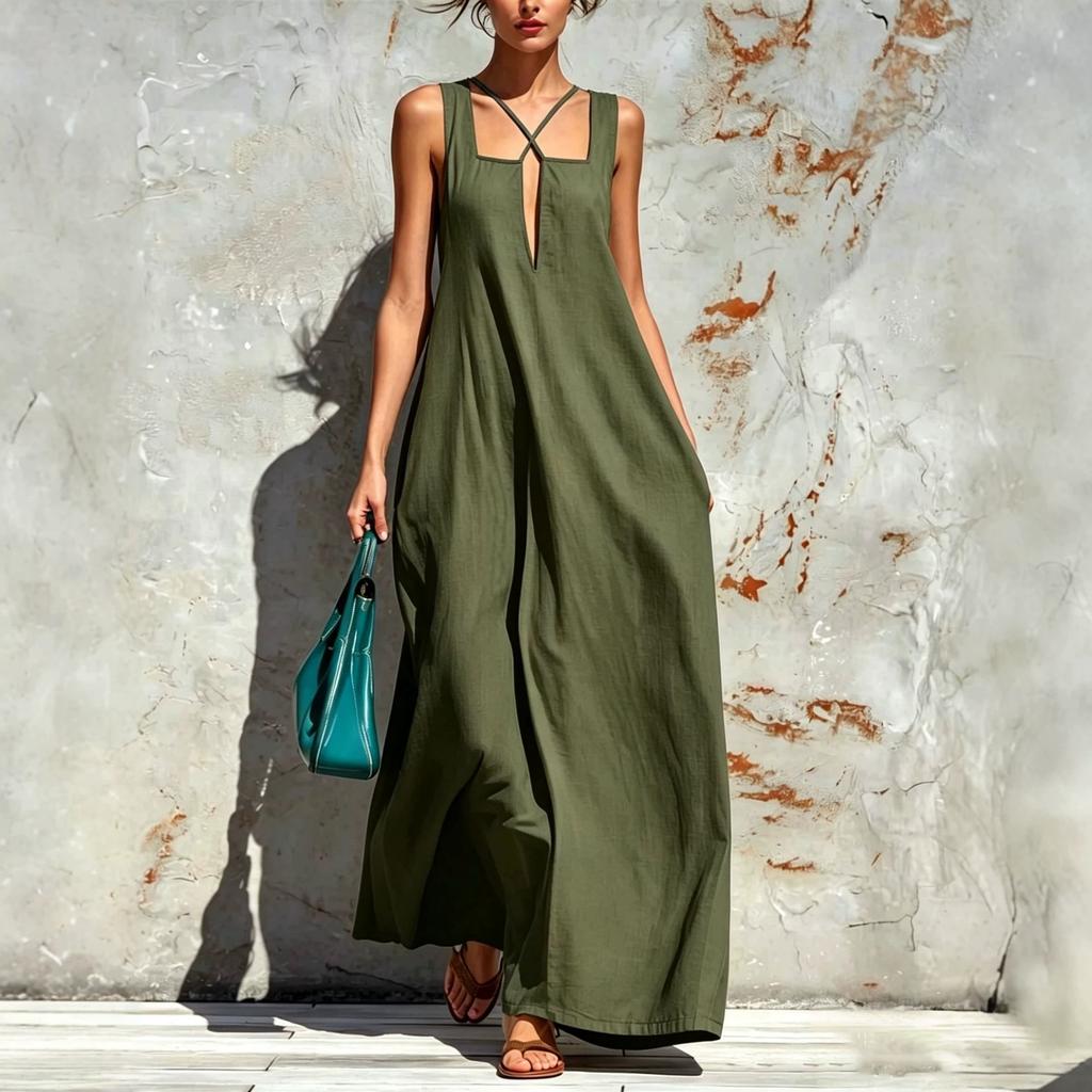 European and American cross-border Amazon Bohemian vacation style square collar cross neck long dress loose pendulum dress