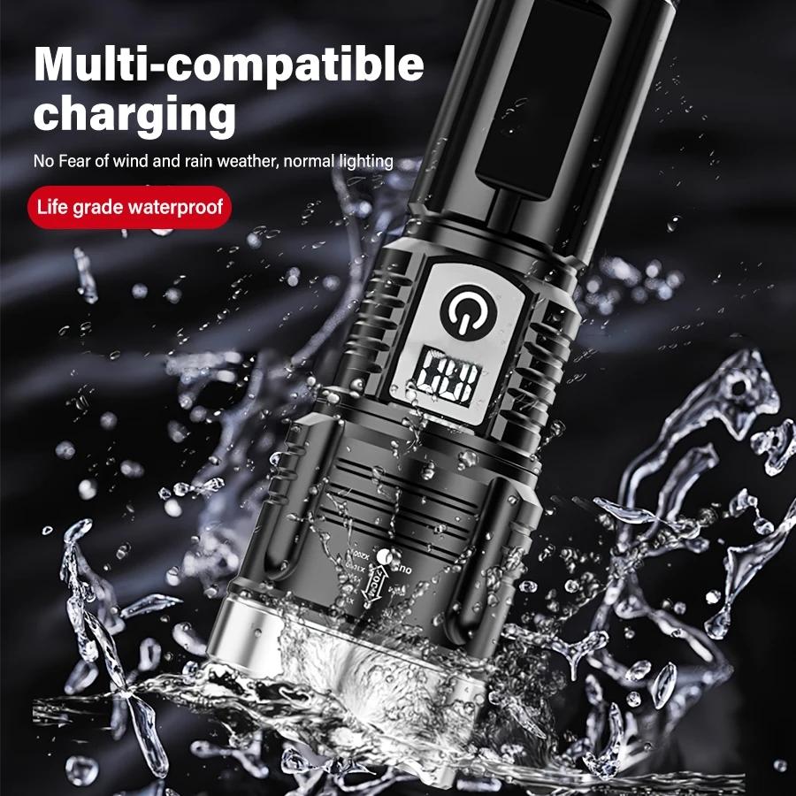 Super Bright LED Zoom Flashlight Built-in Battery USB Rechargeable With Power DIsplay For Outdoor Portable Tactical Flashlights