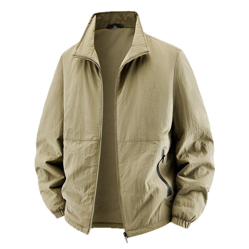 Men's Velvet-Lined Stand Collar Winter Jacket - Loose Fit, Plus Sizes Available