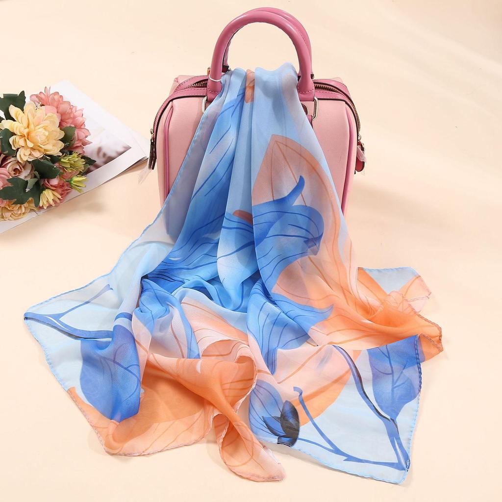 Chiffon Lotus Print Long Scarf - Lightweight, Thin Spring/Autumn Silk Accessory for Middle-Aged & Elderly