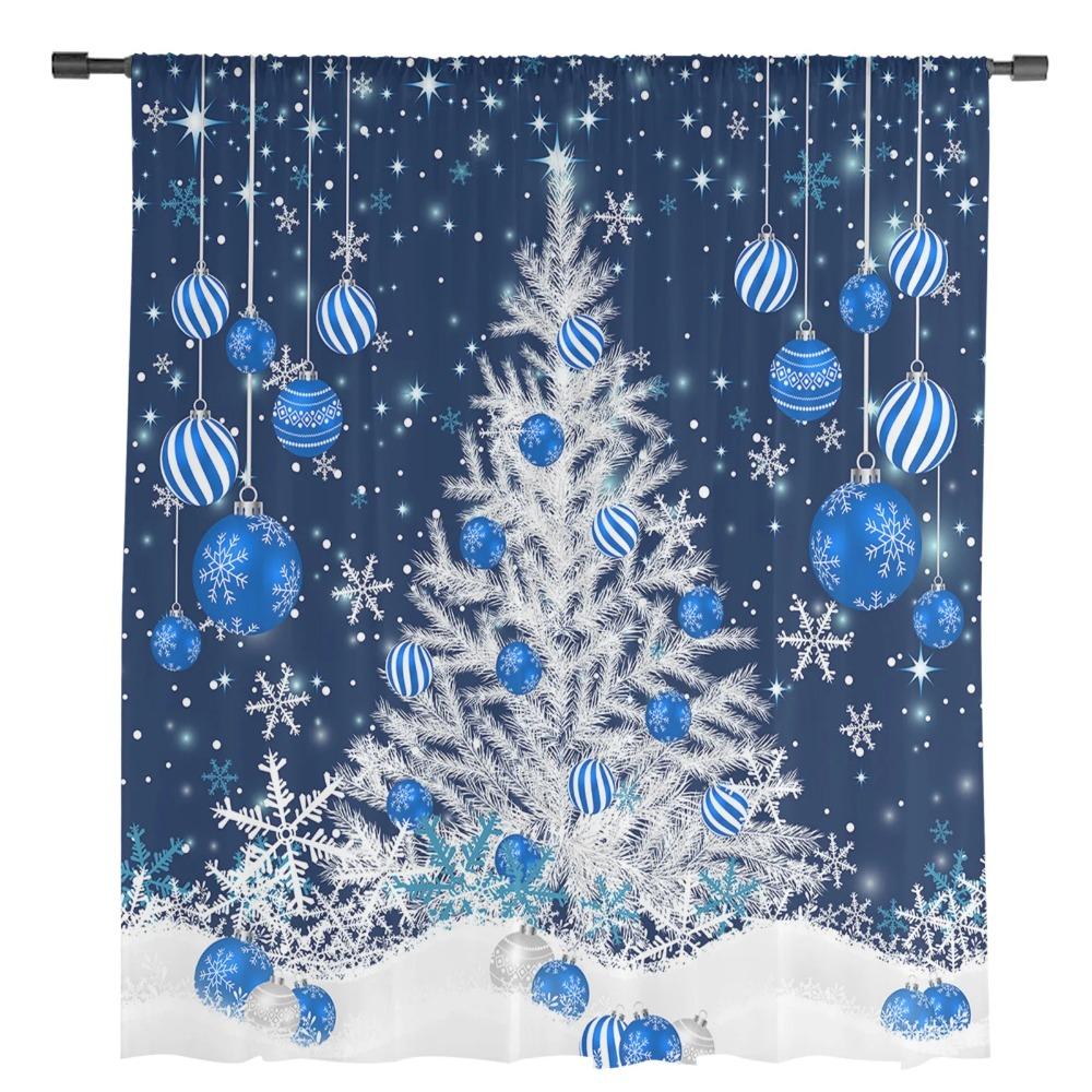 Blue Christmas Tree Christmas Ball Snowflake Sheer Curtains Home Living Room Bedroom Kitchen Window Decor Voile Tulle Curtains