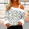 Women's Off-the-shoulder Plush Neck Printed Long-sleeved Pullover T-shirt Top