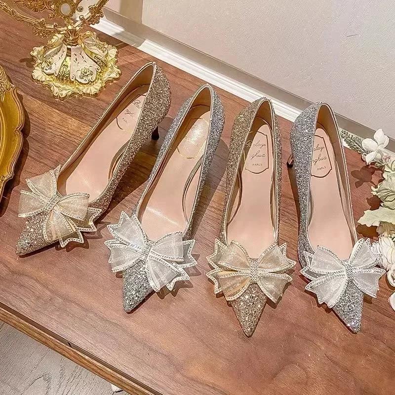 High Heels Women Wedding Shoes Bride Gold Heels Luxury Designer Elegant Party Sandals Dress Banquet Sequins Sandalias De Tacón