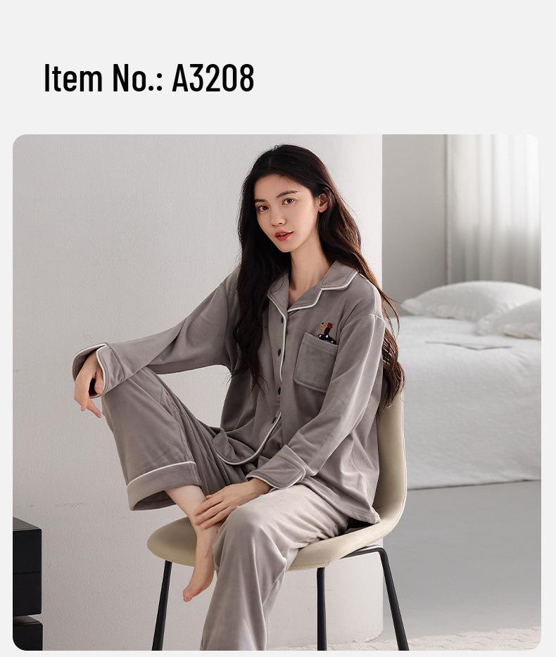 Sea Island Samt Damen Winter Pyjama - Langarm, Lange Hose, Dicke Korallenfleece Strickjacke Homewear Set