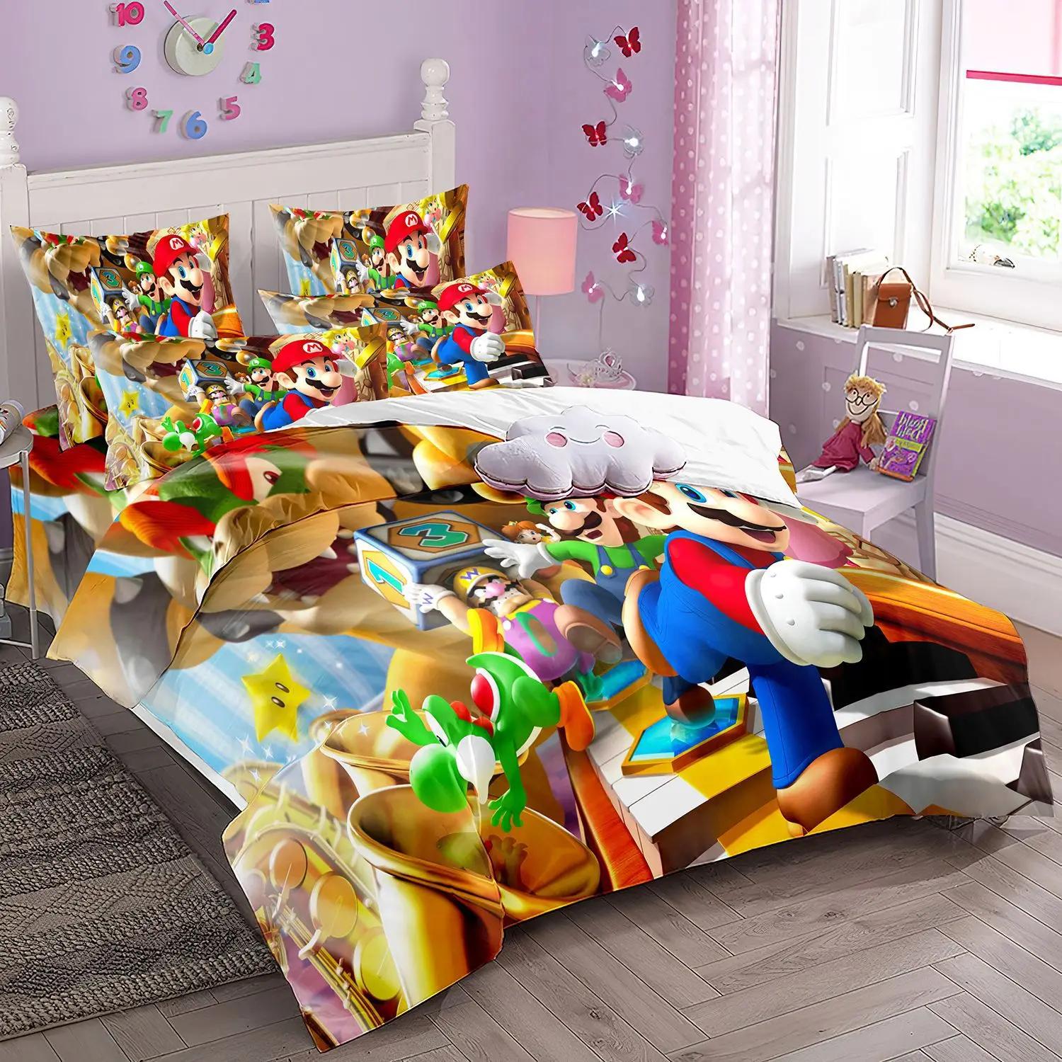 

3D HD SuperS M-Mario Bedding Set Game Characters Super Bros Duvet CoverChildren s Quilt covers Pillowcase 2/3Pcs Single Twin EU Single(135*200cm)3pcs
