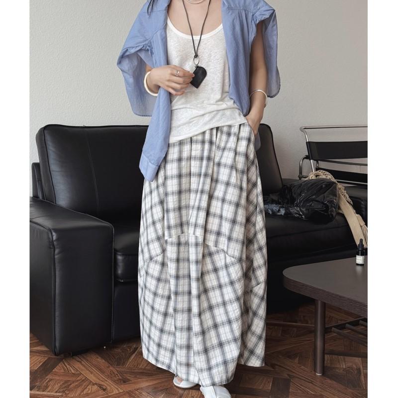 Johnature Summer Japanese Casual Plaid Skirt Three-dimensional Silhouette Fluffy Long Skirts Women