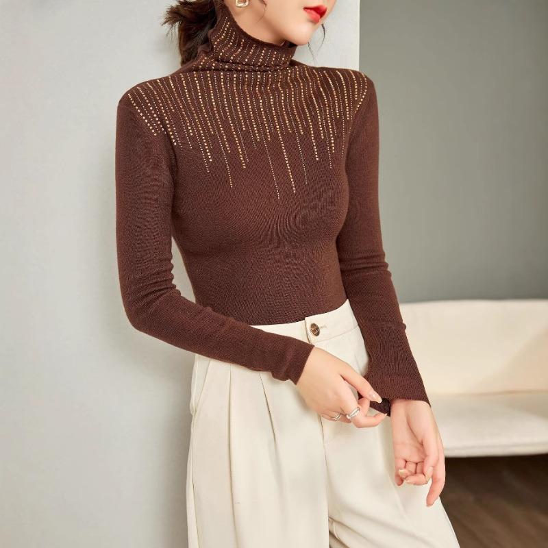 

Design Sense Striped Drilled Silk Wool Bottom Shirt Autumn Turtleneck Warm and Skinny Knitted Sweater Women s Sweater 120 кофейный