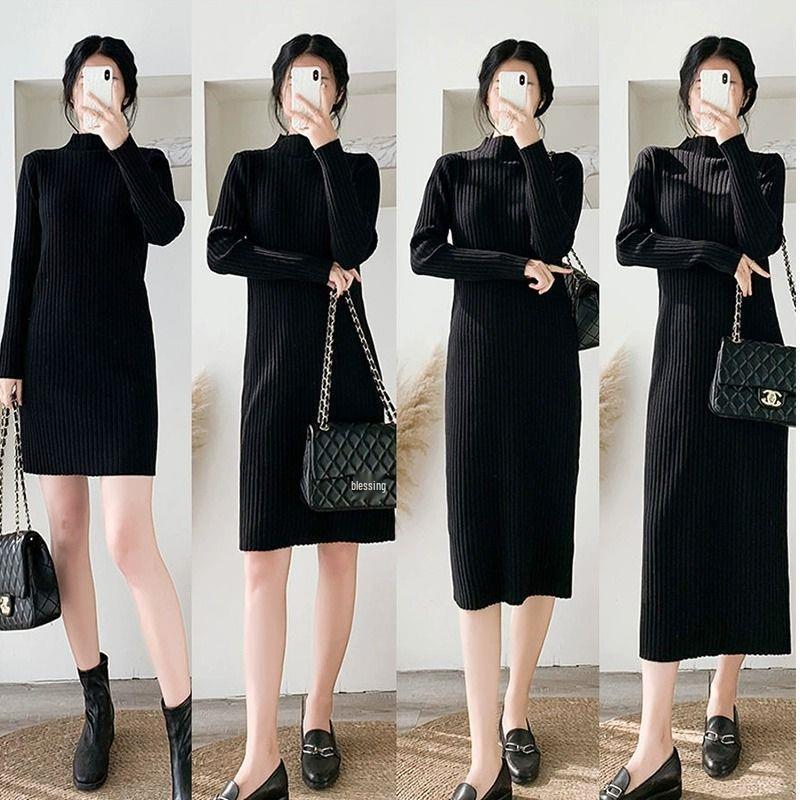Plus-Size Women's Thickened Winter Long Knitted Wool Dress with Half-High Collar