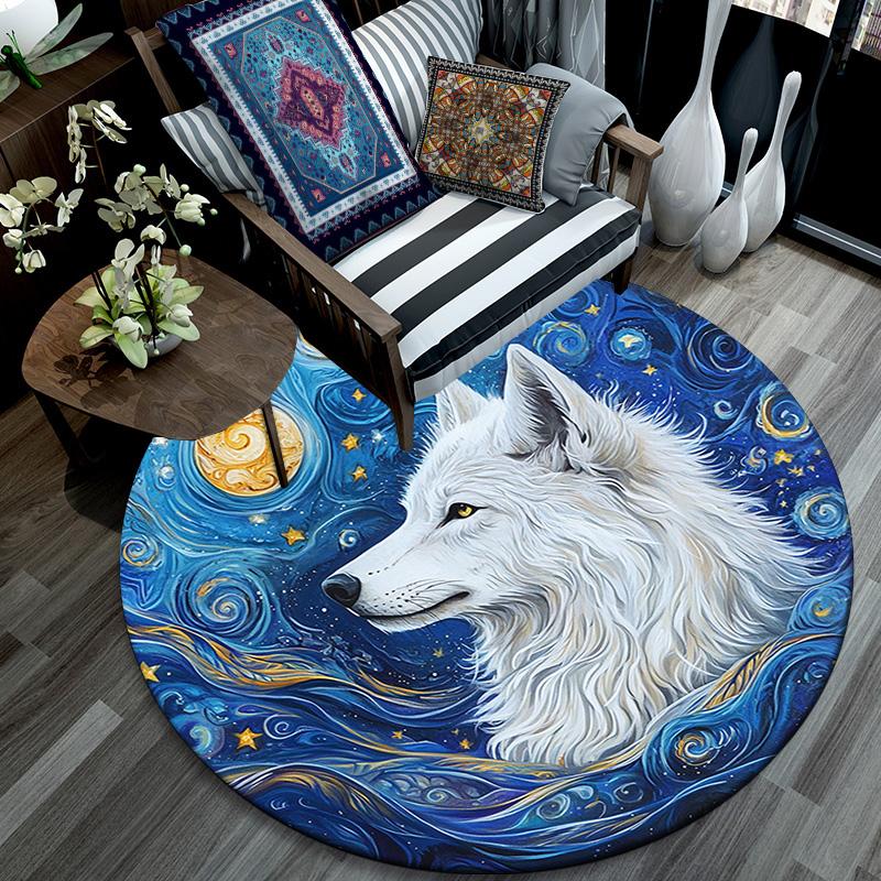 White Wolf Round Area Rug,Carpet Rug for Living Room Bedroom Sofa Playroom Decor,Non-slip Floor Mat
